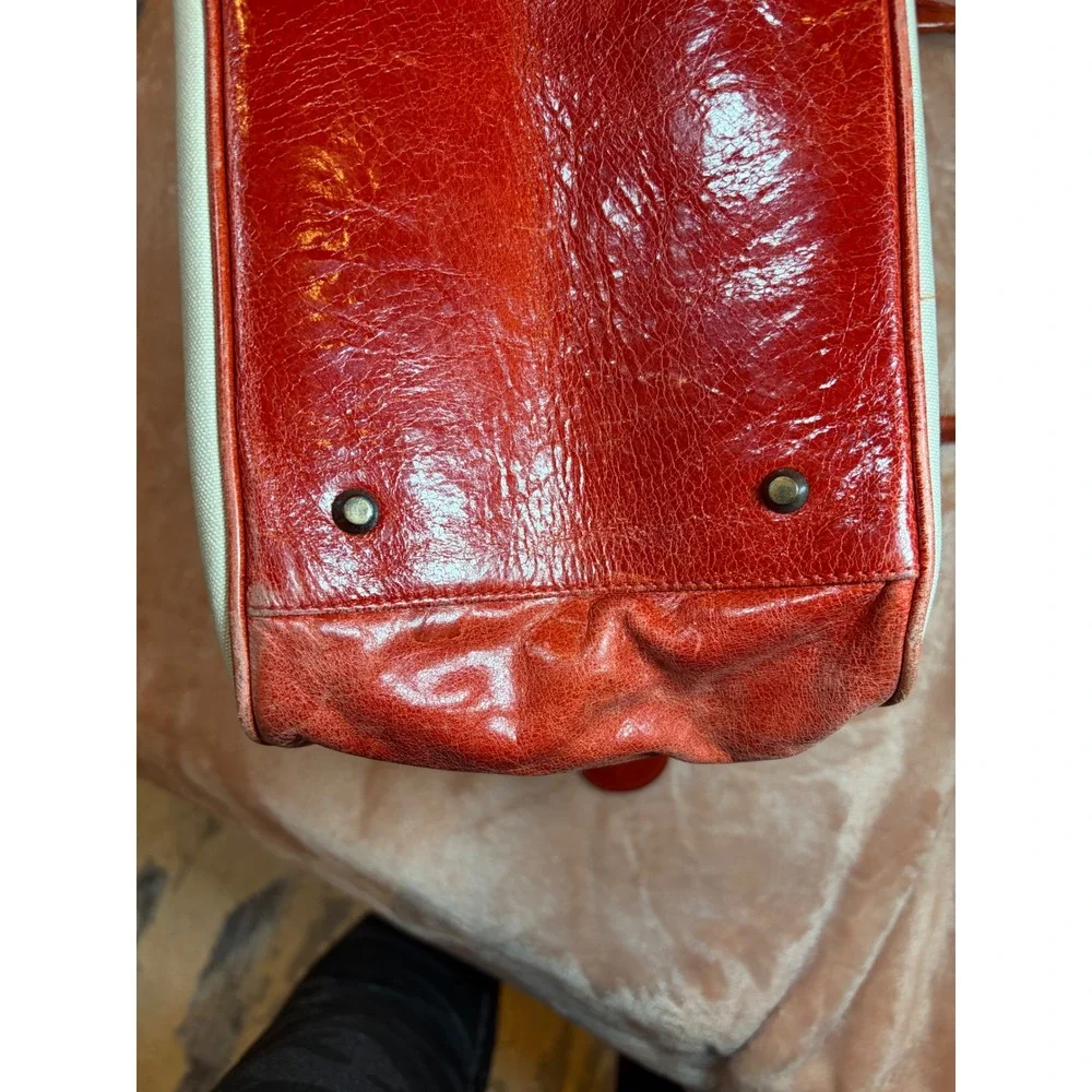 77. Vintage Nordstrom East‎ West Canvas Burnt Orange Leather Satchel Tote Bag